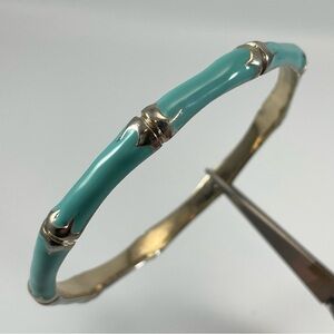 Gold Tone Blue Enamel Skinny Bangle Bracelet Boho Timeless Classic Layering 7.5”